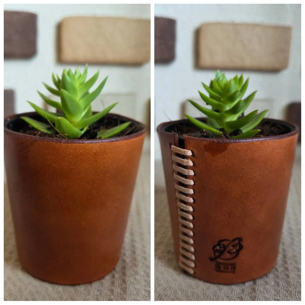多肉植物を入れたキャメル色のレザー鉢カバー。裏面はレース編みと刻印入り